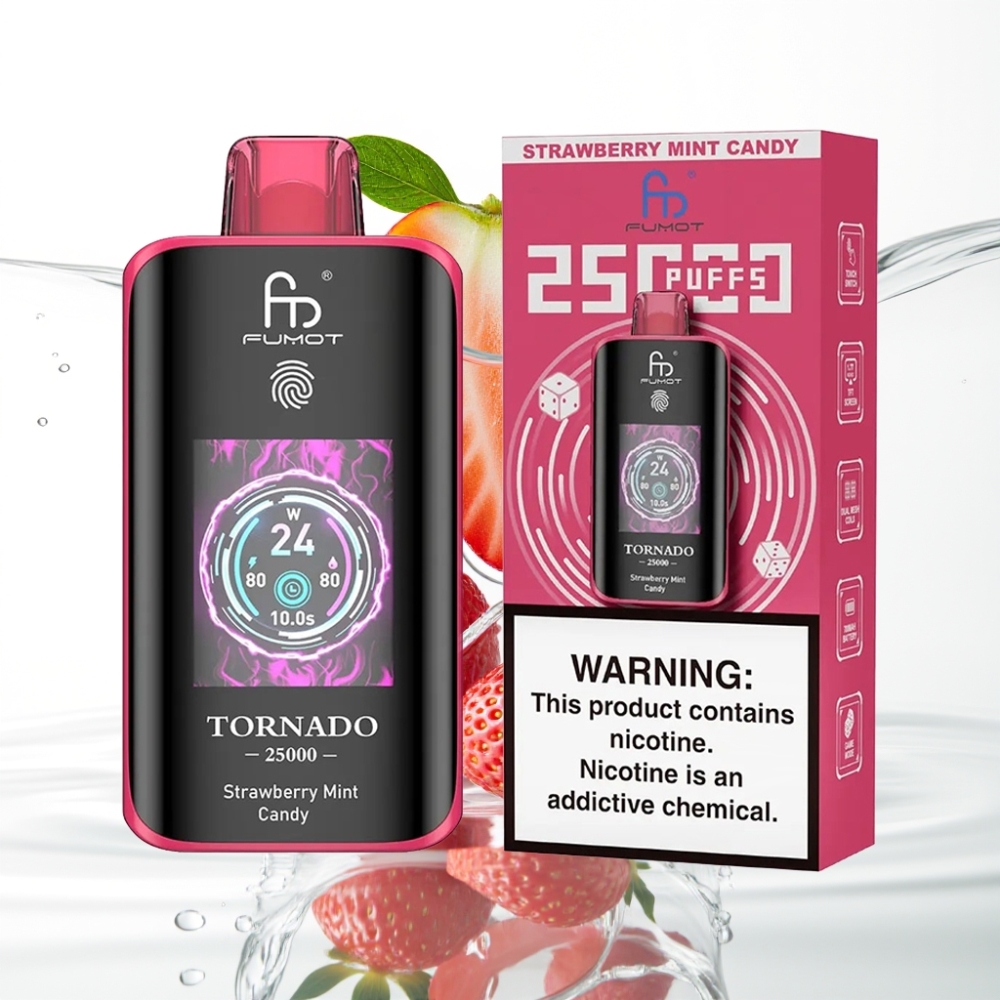 Fumot Tornado 25000 Põngetit Maasikamündi Kompvek HD Ekraan 700mAh