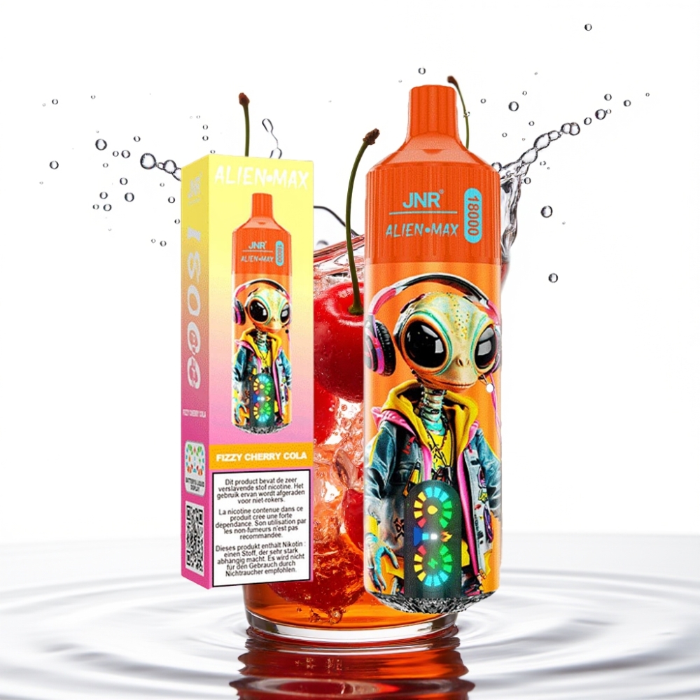 JNR Alien Max 18000 Soodsad Puudutused Tugevad Kahekordsed Mähised 28ml E-vedelik Gaseeritud Kirsikola